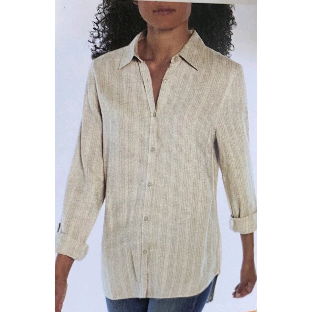 Orvis Cream Tan Striped Linen Blend Long Sleeve Button Up Beachy Shirt 2XL